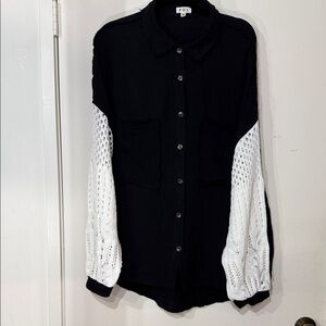 POL Lightweight Black Shirt with White Knit Sleeves bohemian Oversized Medium